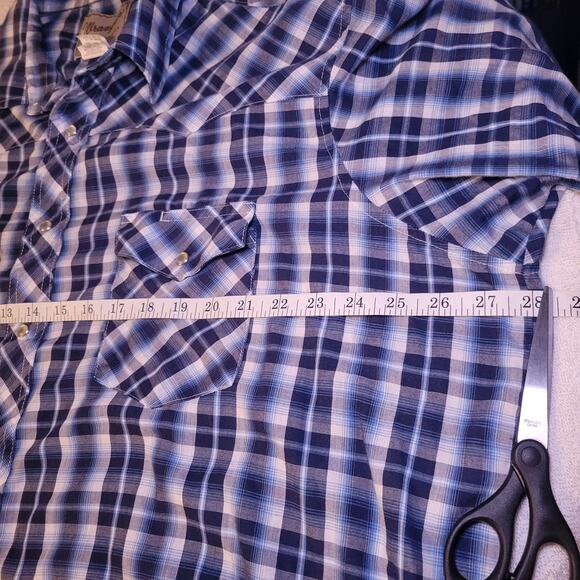 Wrangler Pearl Snap Western Blue White Plaid Short Sleeve Men's Shirt 2XL - Picture 4 of 5
